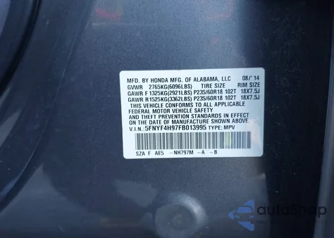 2015 Honda Pilot Touring from USA, damaged, VIN 5FNYF4H97FB013995